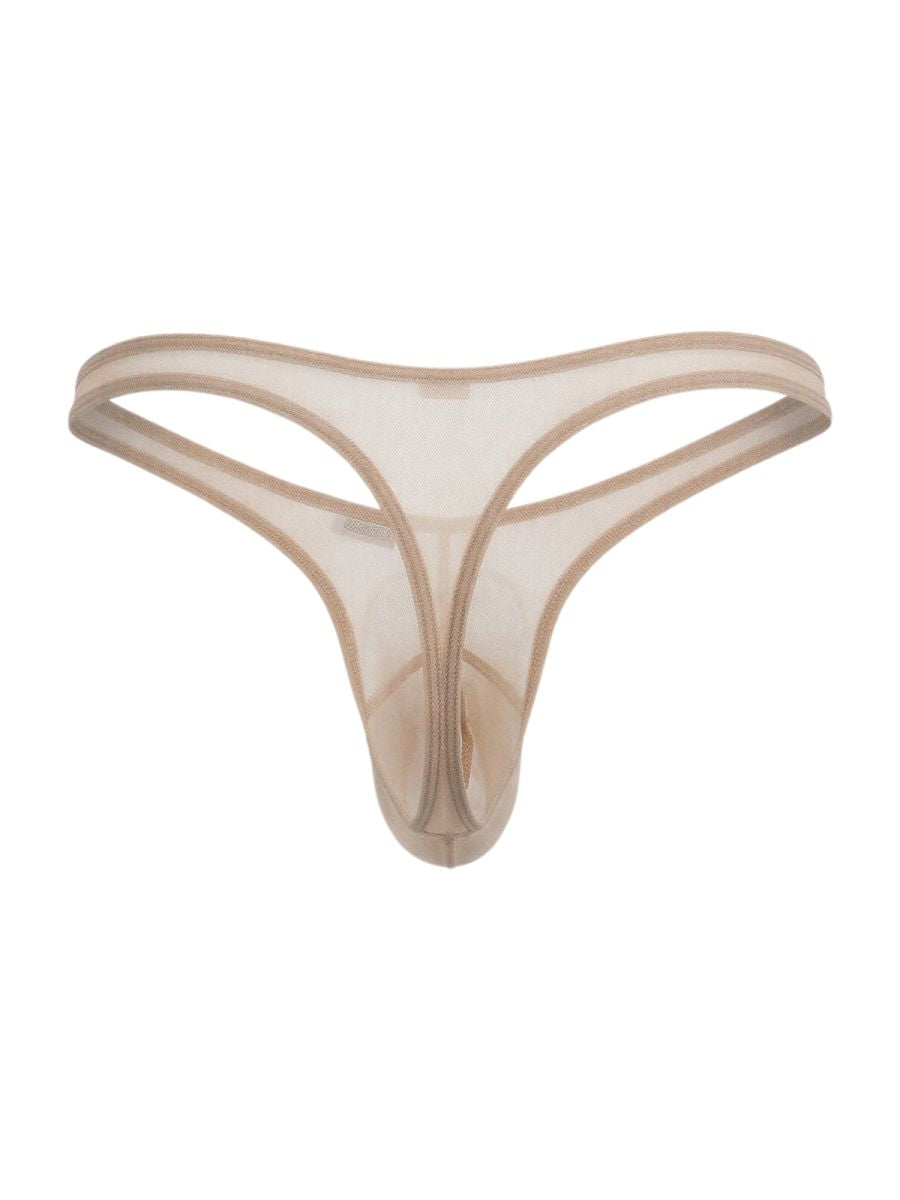 Beige CandyMan mesh thong with thin elastic trim, shown flat against a white background.