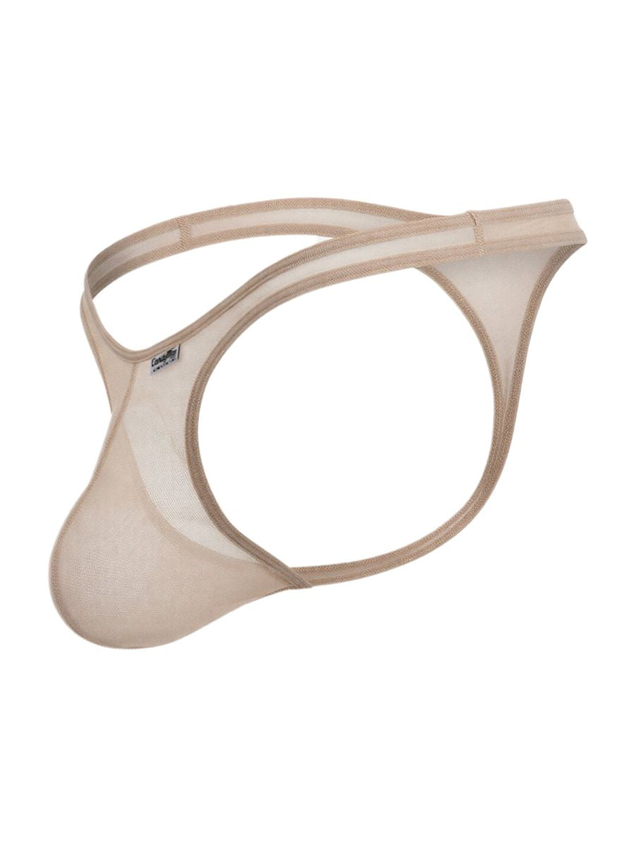 Beige mesh thong with a contoured pouch, cut-out sides, and thin elastic waistband.