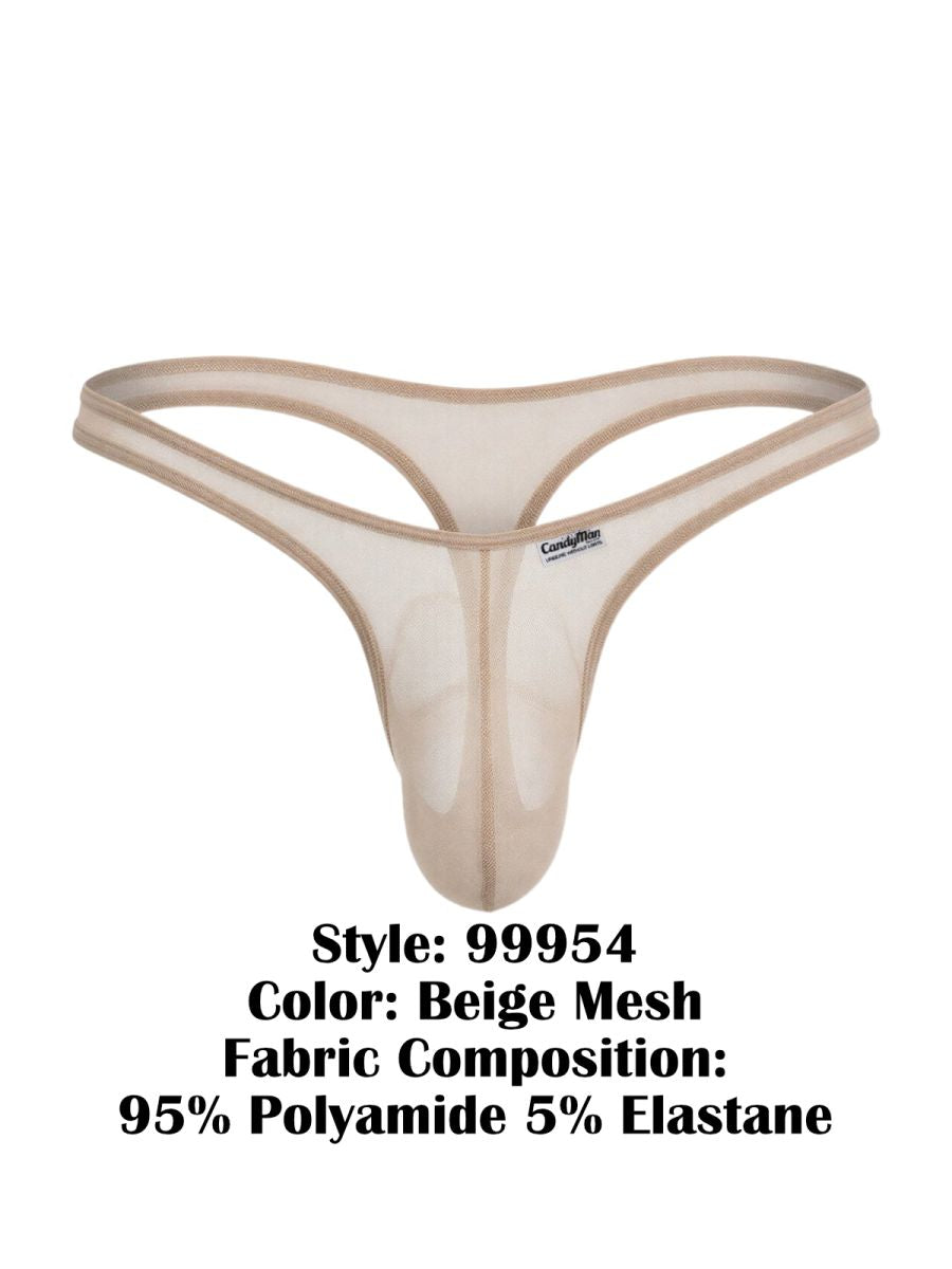 CandyMan 99954 beige mesh thong with a contoured pouch and minimalist design against a white background.
