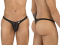 Front and back views of a person wearing CandyMan black mesh thongs with thin waistbands.