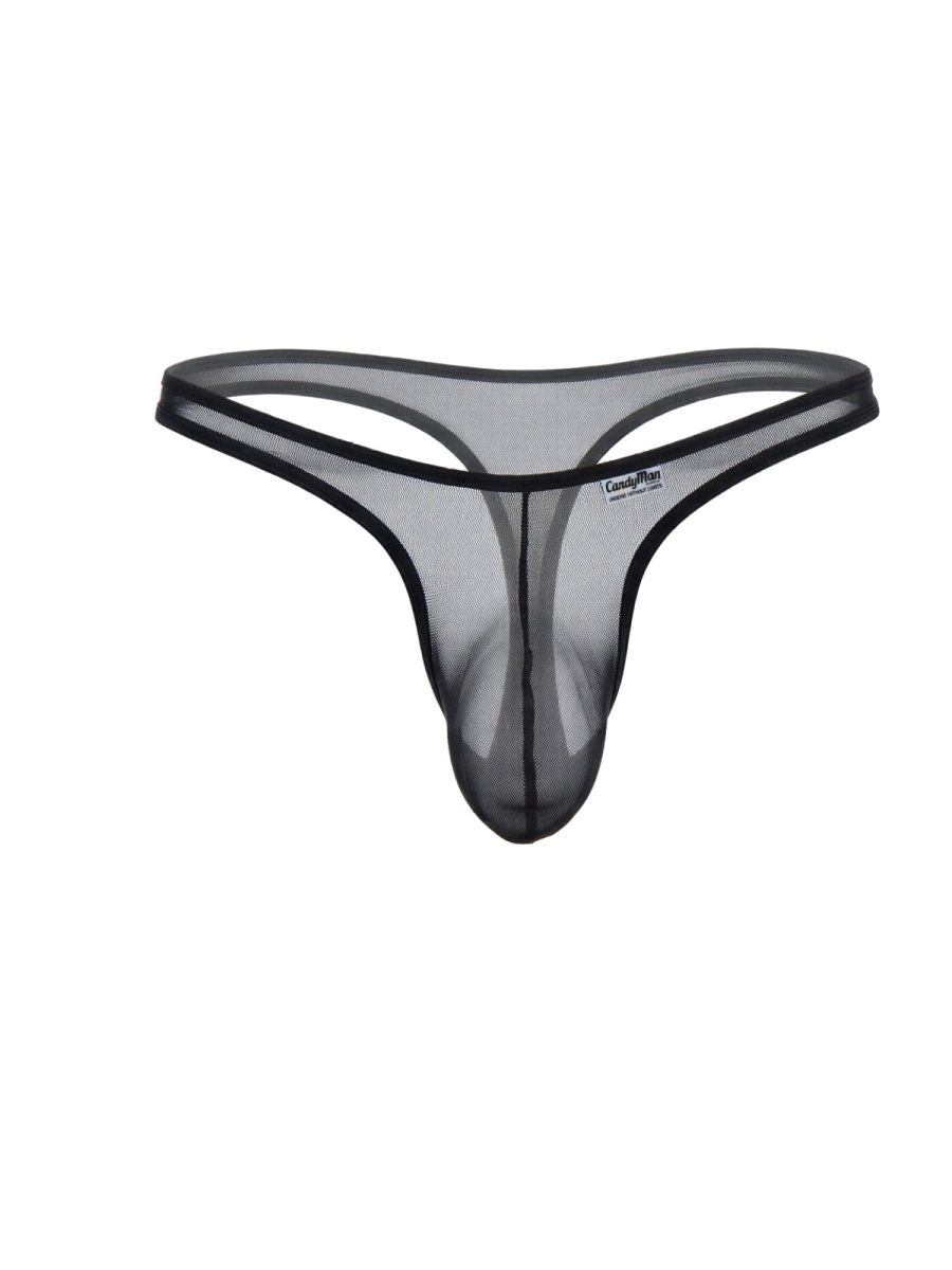 Black sheer mesh thong by CandyMan featuring a contoured front pouch and minimal elastic waistband.