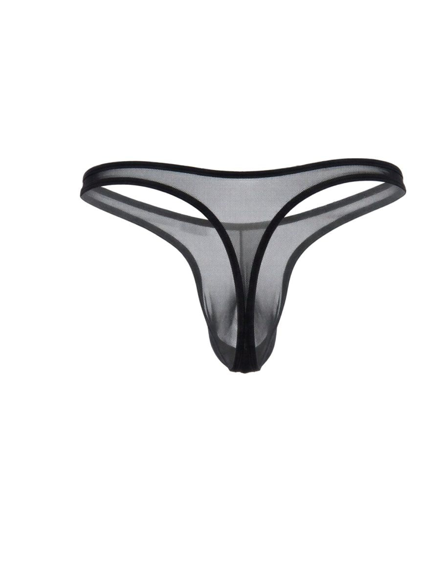 Black CandyMan mesh thong with a minimalist, semi-sheer design, isolated on a plain white background.