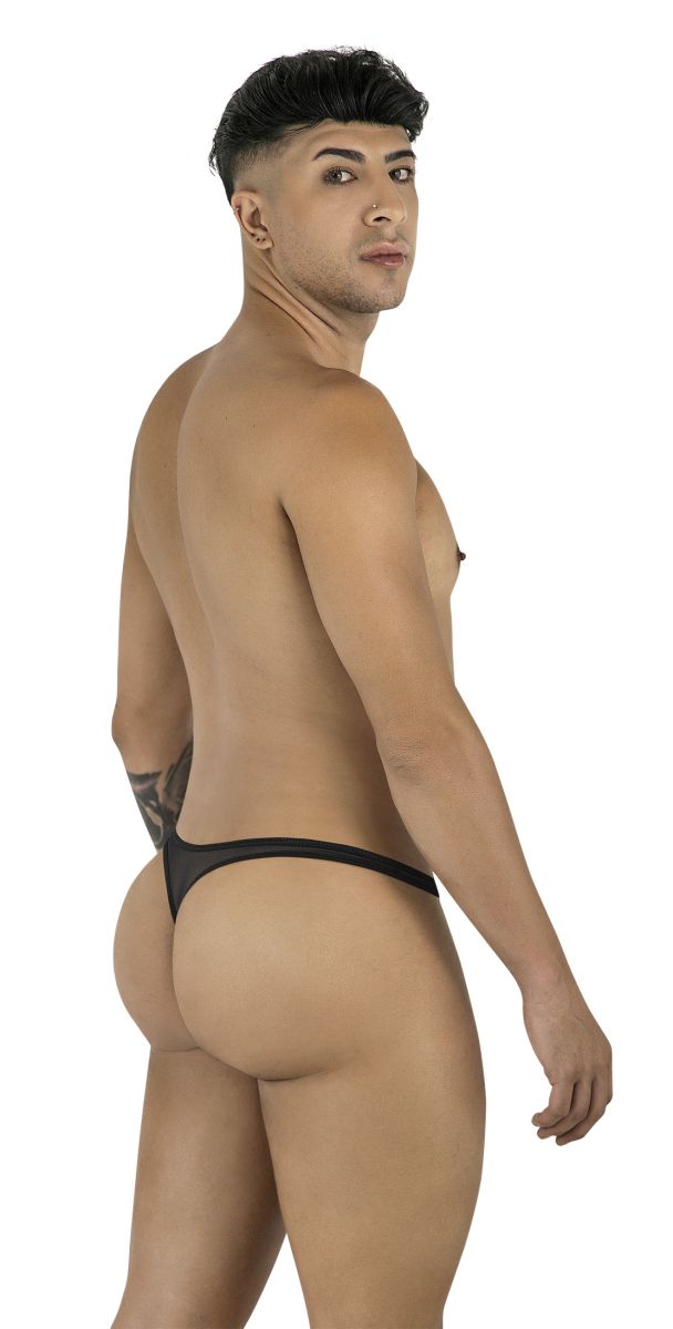 Man seen from behind wearing a black mesh CandyMan thong, looking over his shoulder.