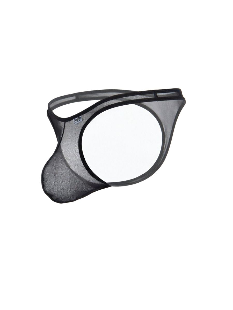 Black mesh CandyMan thong with a cutout design and supportive pouch, isolated against a white background.