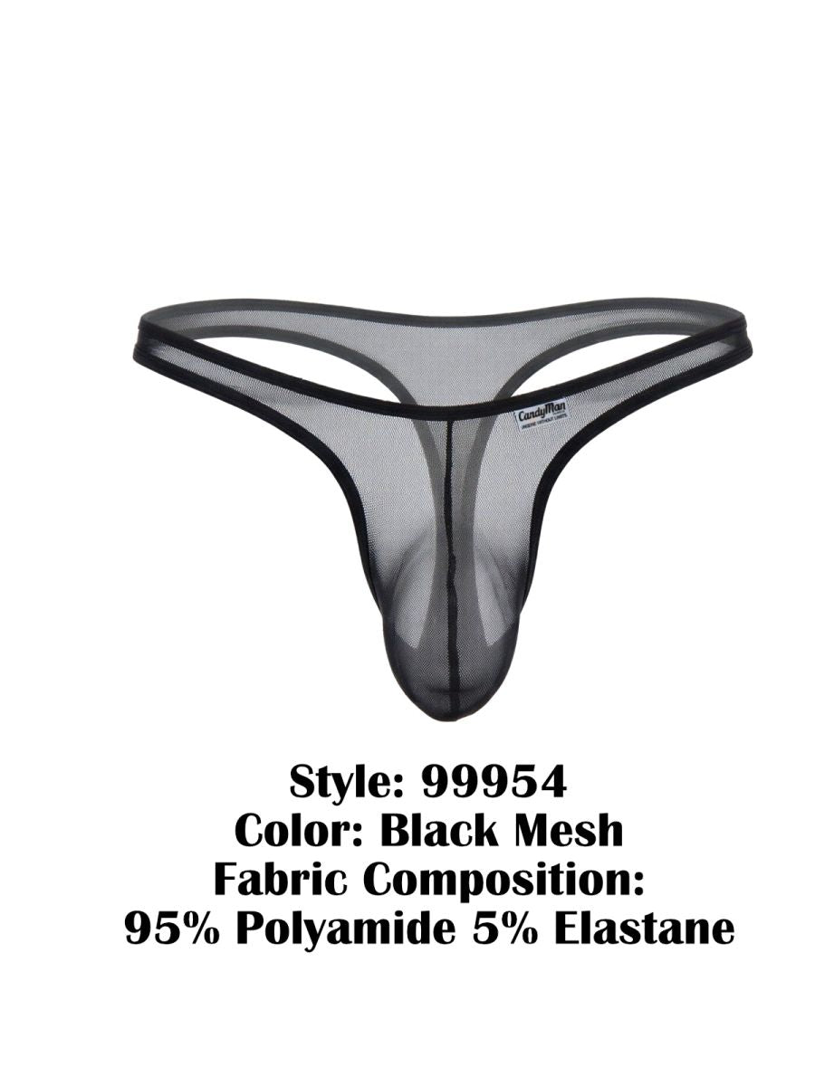 Black mesh thong by CandyMan, featuring a minimalist sheer design with a pouch front on a white background.