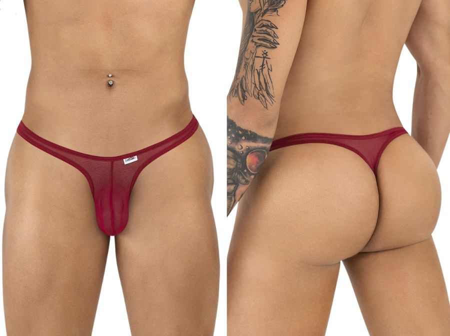 Front and back views of a model wearing burgundy sheer mesh thongs.