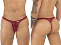 Front and back views of a model wearing burgundy sheer mesh thongs.