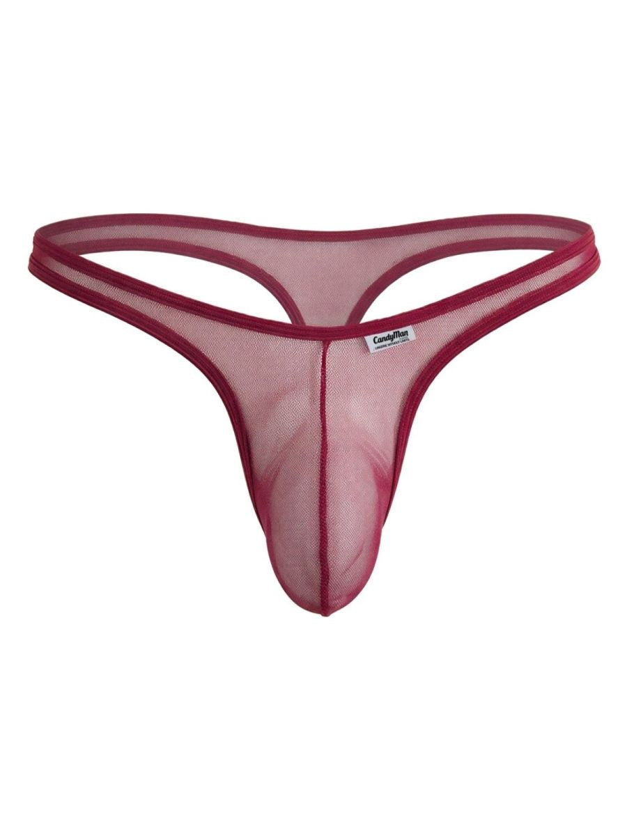 Burgundy mesh thong by CandyMan featuring a sheer fabric, minimalist thin straps, and a centered front seam.