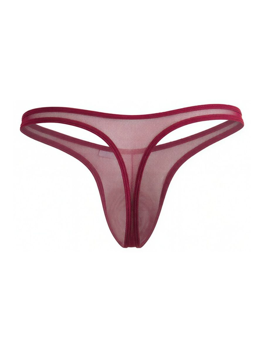 Burgundy mesh thong for men with thin, minimalist side straps and sheer fabric.