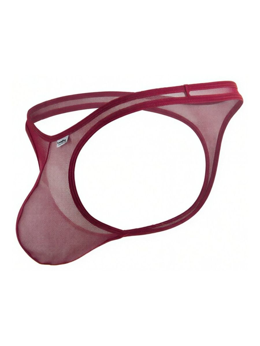 Burgundy mesh thong with a cut-out design and cross-strap waistband.
