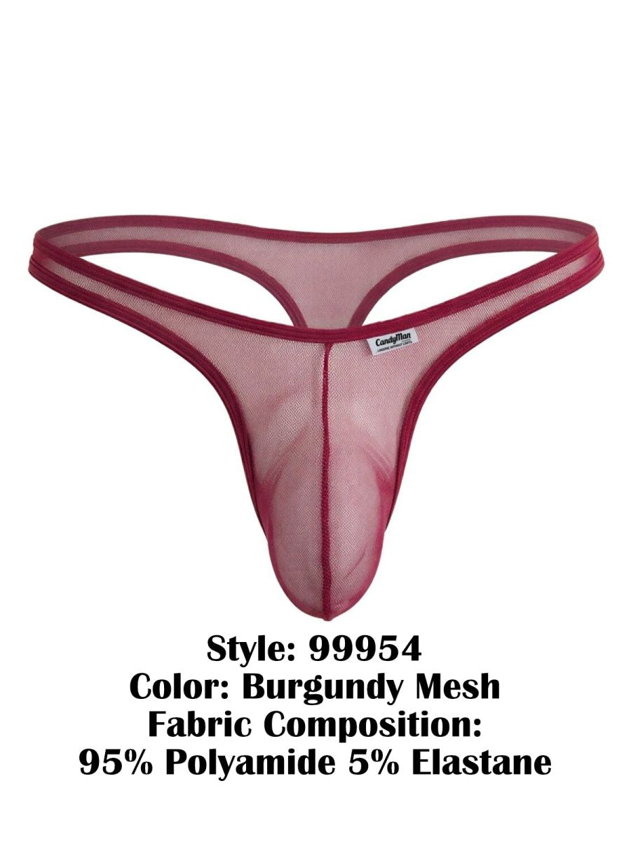 Burgundy mesh thong with a contoured pouch and slim waistband, isolated against a white background.