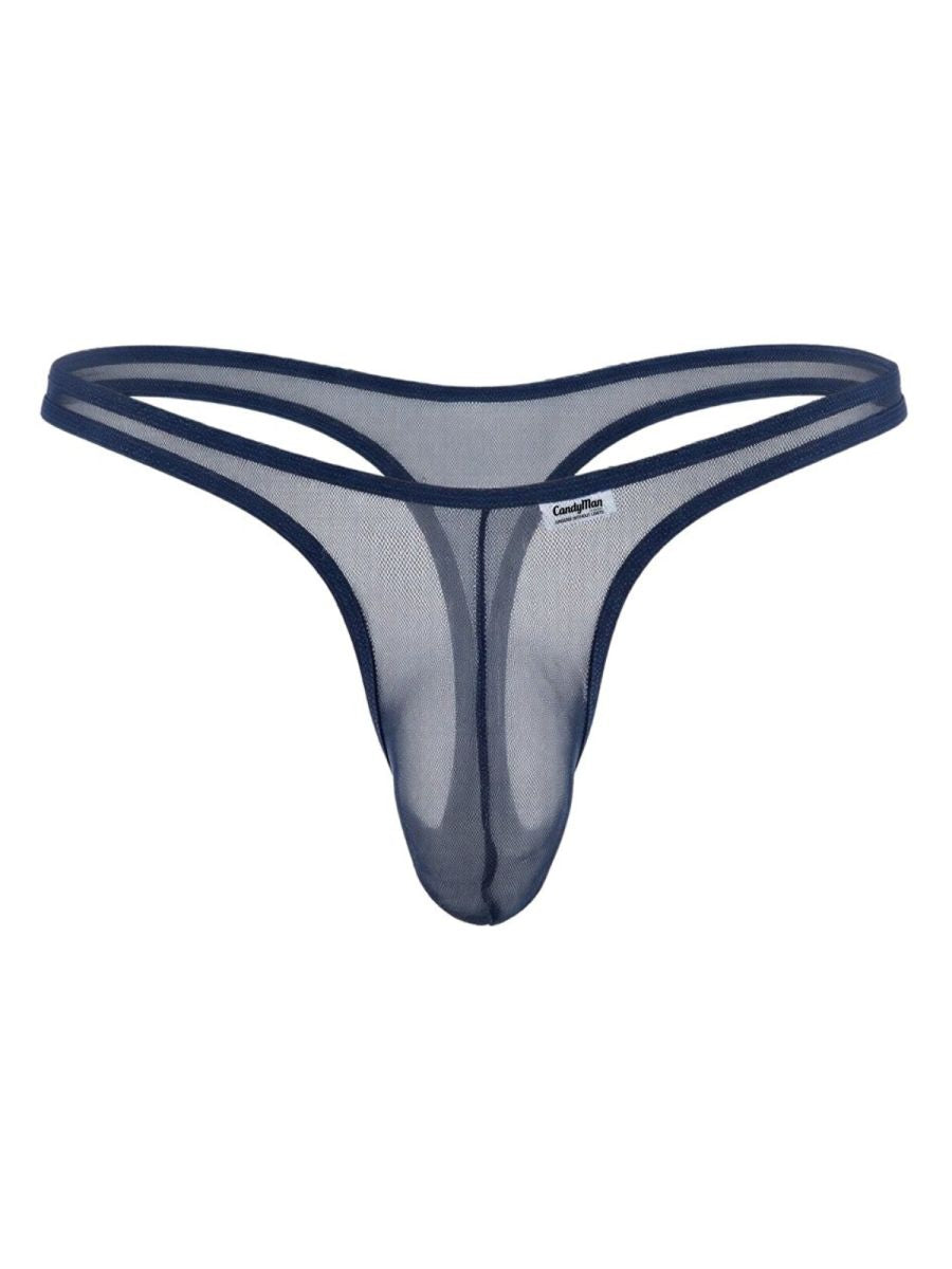Navy blue mesh thong by CandyMan featuring a minimalist, sheer fabric design with a small brand tag on the front.