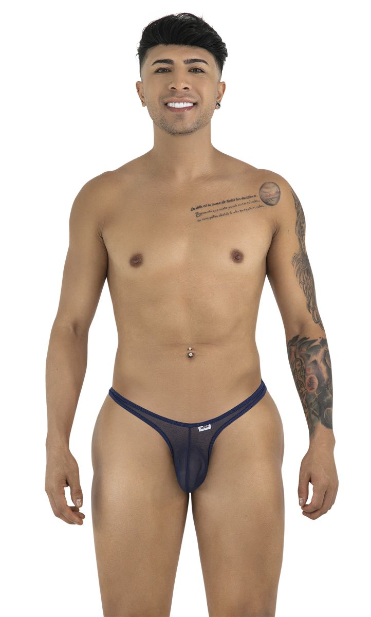 A man stands facing forward, wearing navy mesh CandyMan thongs with a thin double-strap waistband.