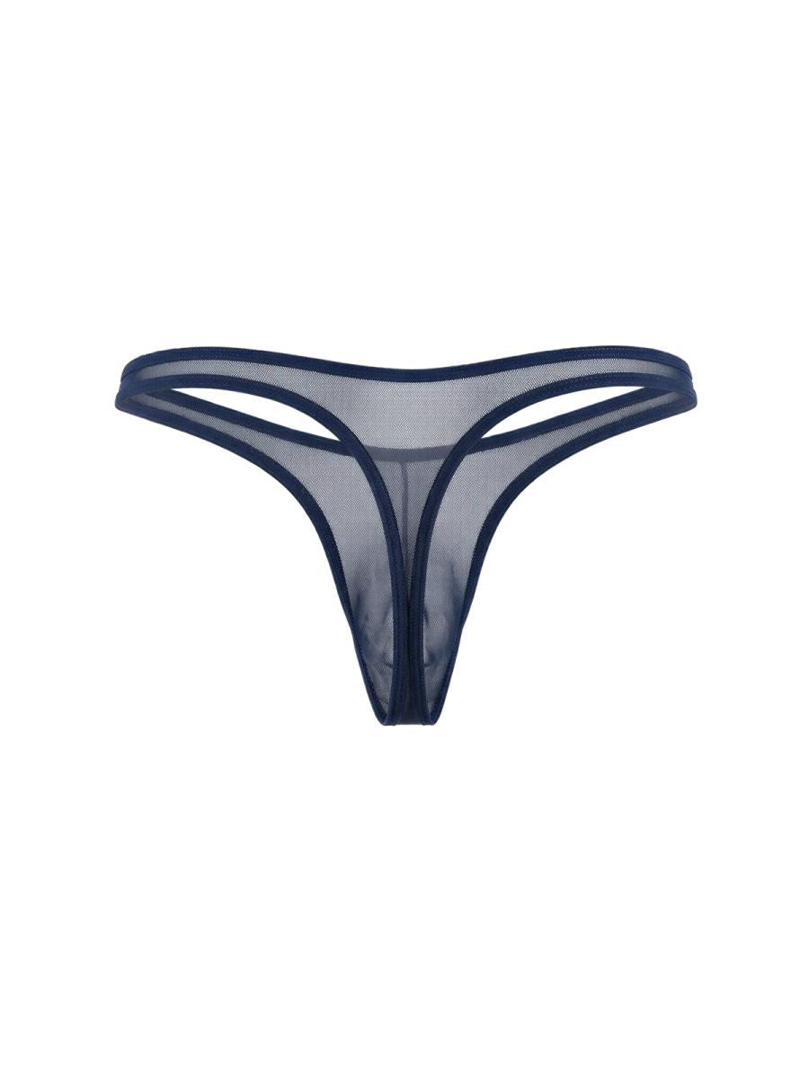 Navy blue mesh thong isolated on a white background.