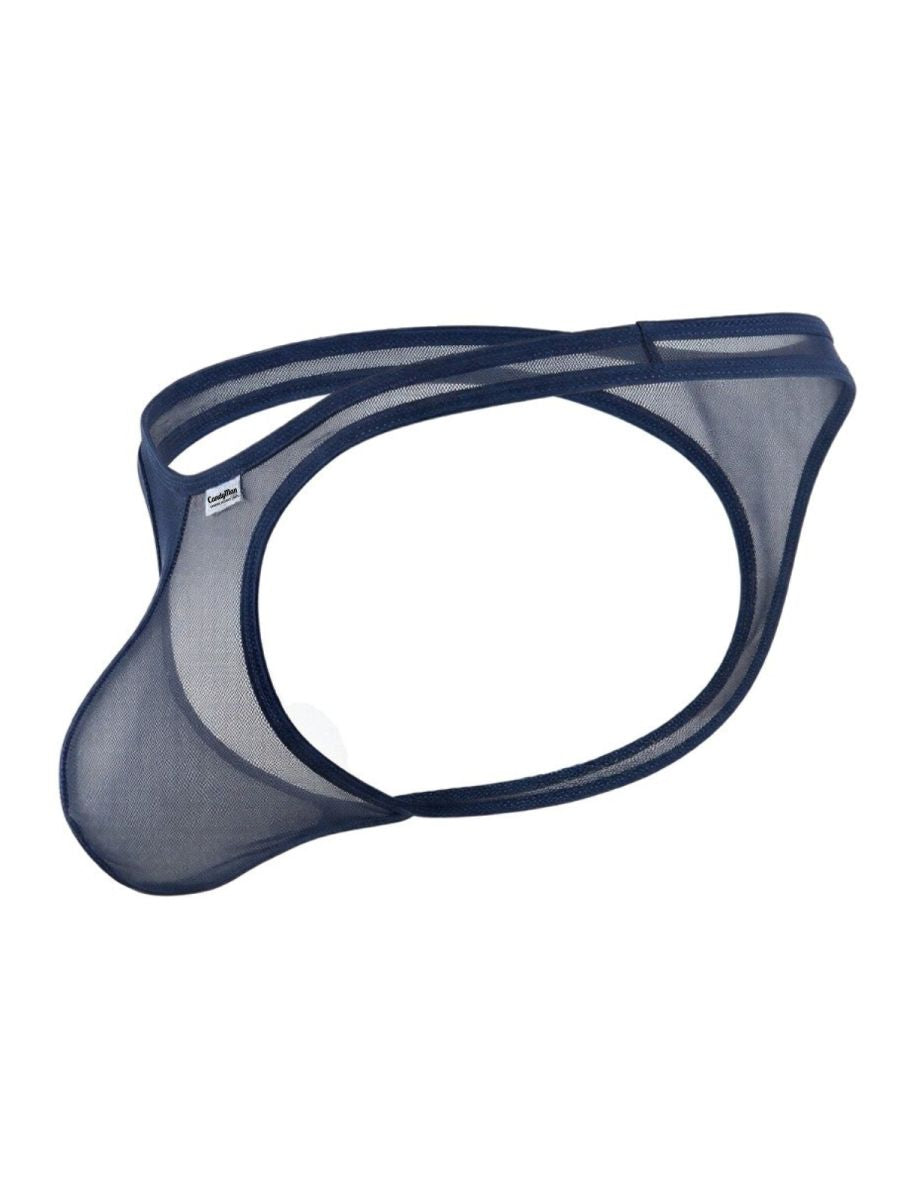 Navy blue sheer mesh thong with a minimal, open-side cutout design and a contoured front pouch.
