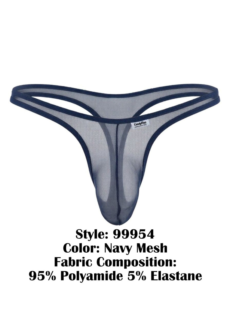 CandyMan 99954 navy mesh thong with a minimalist, sheer design and thin waistband on a white background.