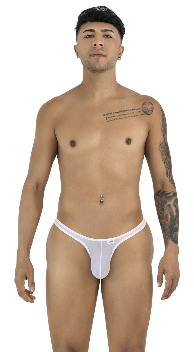 A man models a sheer white mesh thong, standing facing forward against a white background.