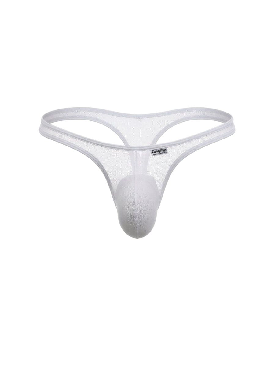 White mesh CandyMan thong with a contoured pouch and thin elastic waistband, shown isolated against a white background.