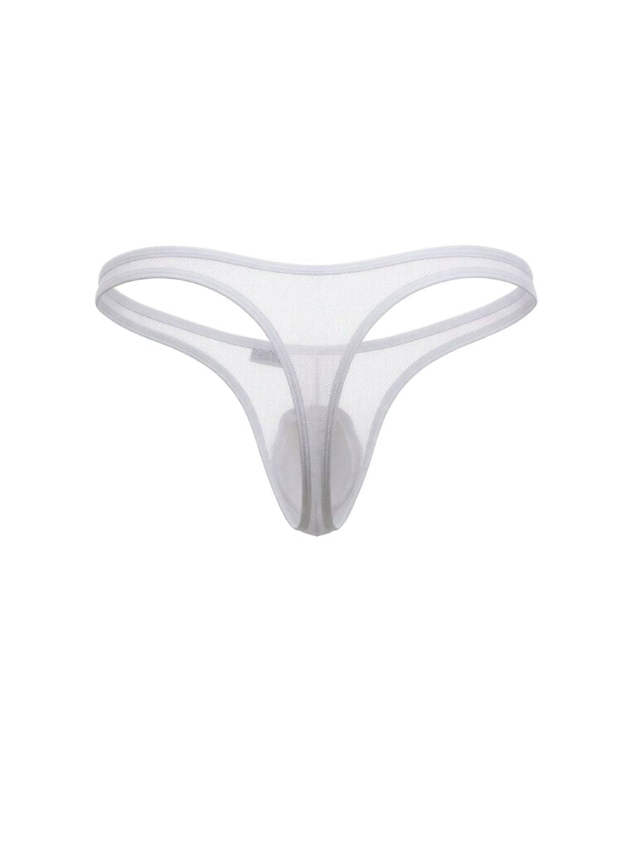 CandyMan white mesh thong featuring a minimalist, sheer design isolated on a plain white background.