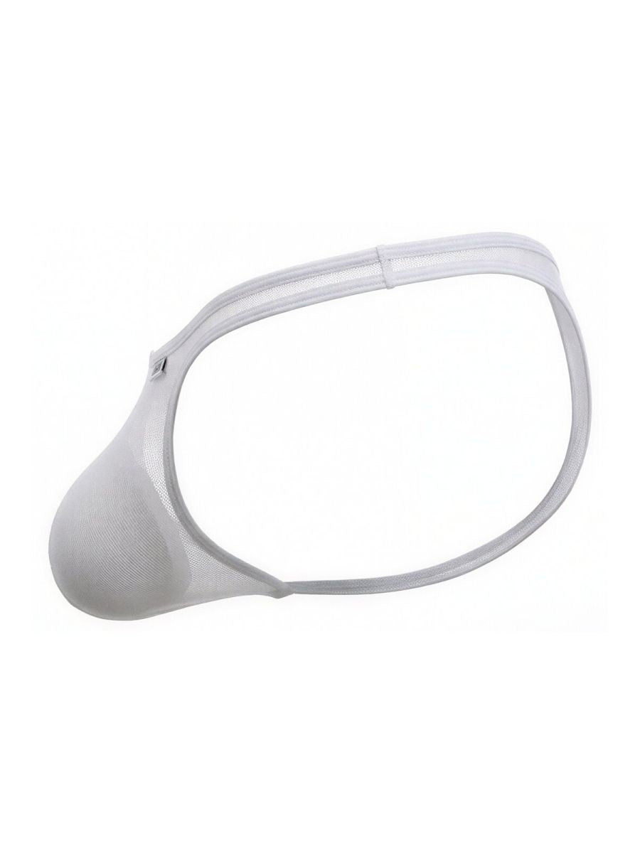 White mesh CandyMan thong with a contoured pouch design, isolated against a white background.