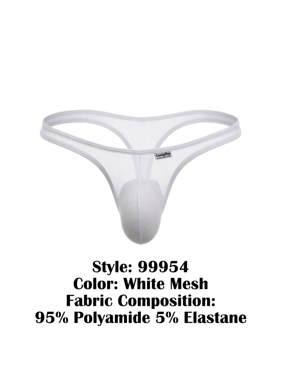 White CandyMan 99954 thong in sheer mesh fabric with a contoured pouch, displayed against a plain white background.