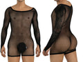 Model wearing a black, long-sleeve mesh bodysuit with a solid pouch, shown from front and back views.