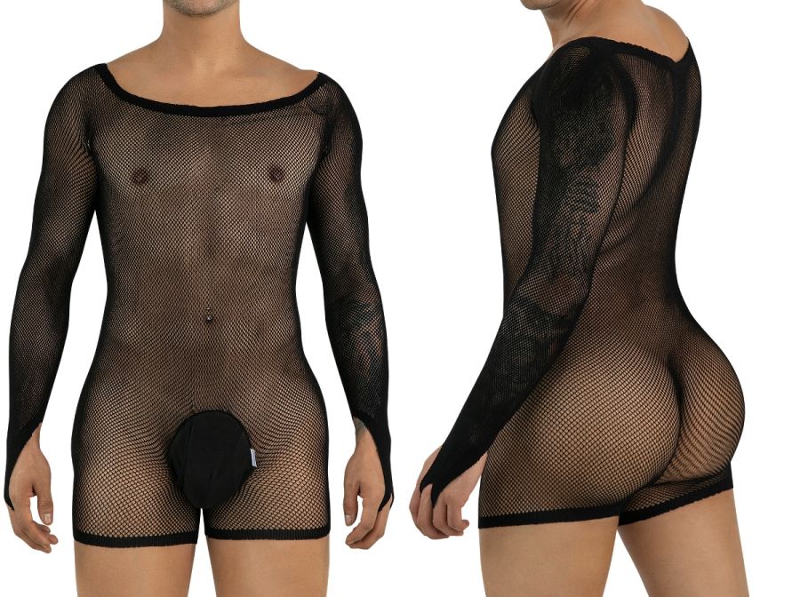 Model wearing a black, long-sleeve mesh bodysuit with a solid pouch, shown from front and back views.