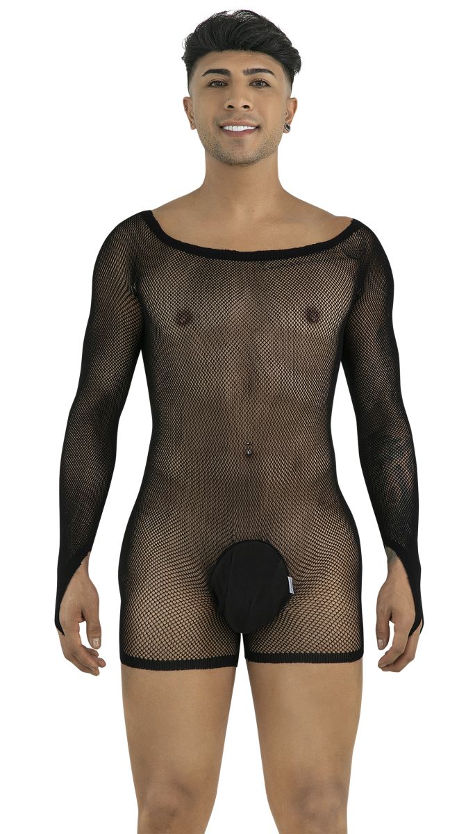 A man wearing a black long-sleeve fishnet bodysuit with a solid pouch, posing against a white background.