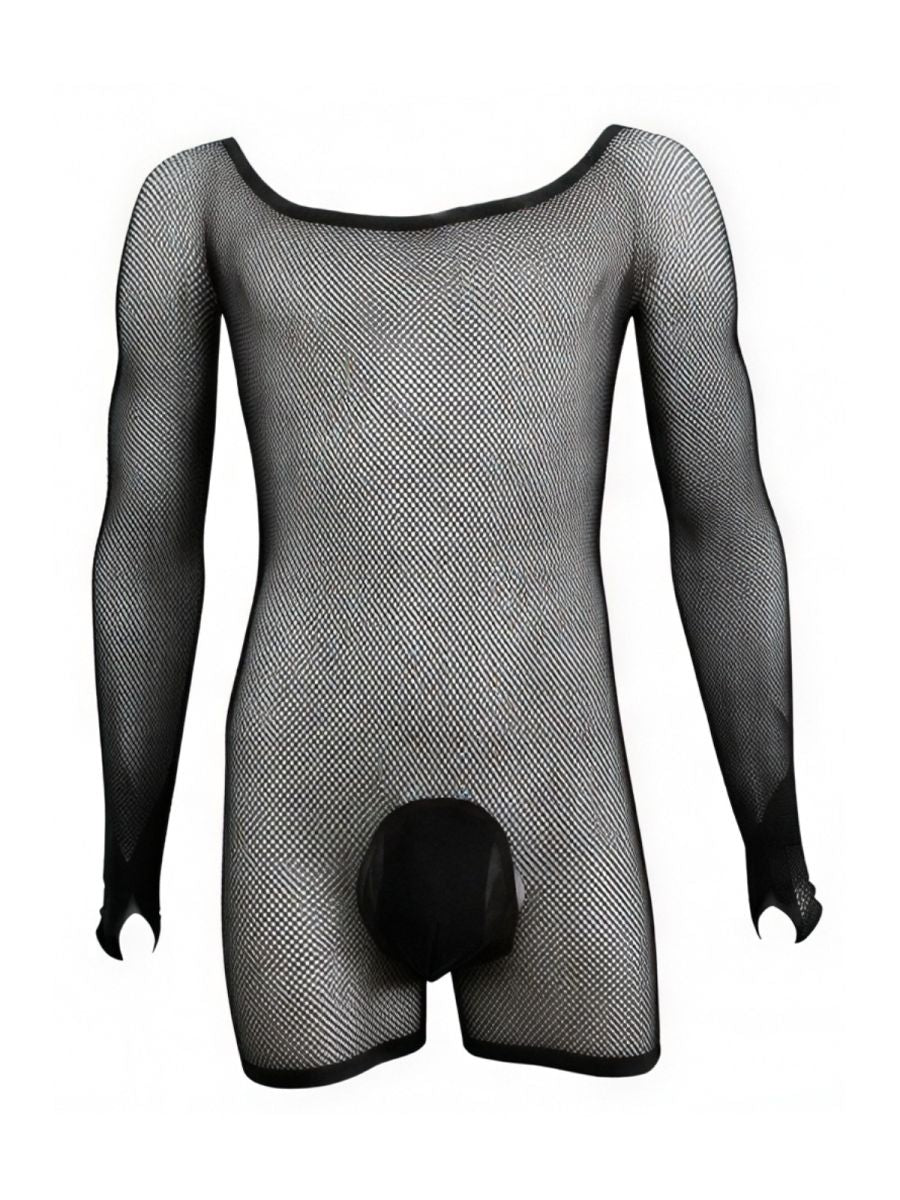 Black fishnet long-sleeve bodysuit with an opaque pouch, displayed on a mannequin torso against a white background.