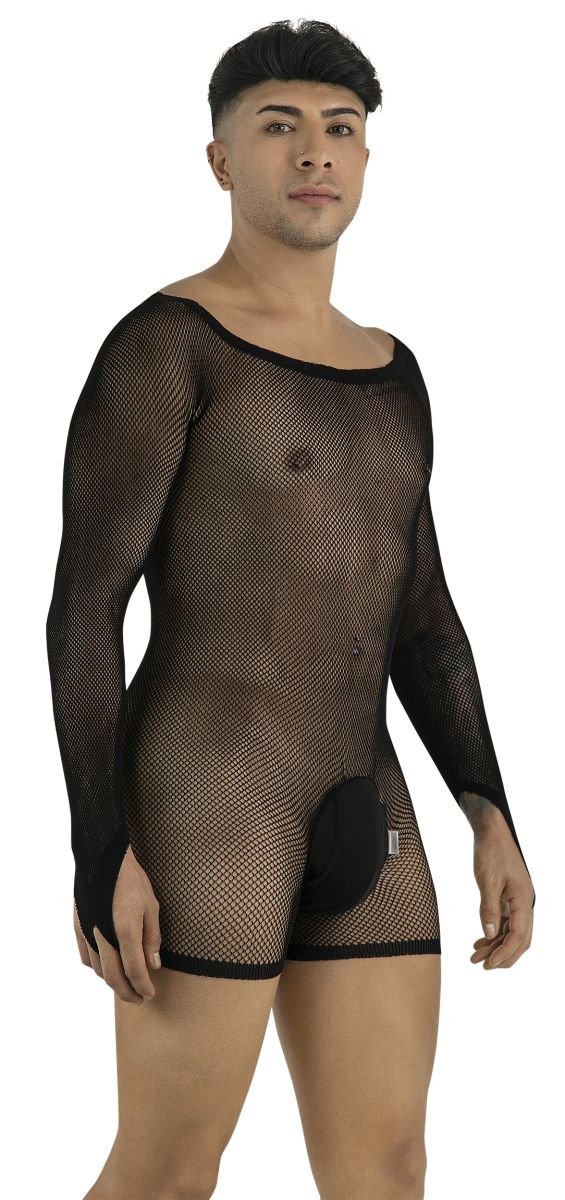 Model wearing a black, long-sleeved fishnet bodysuit with an opaque pouch, viewed from a side angle.