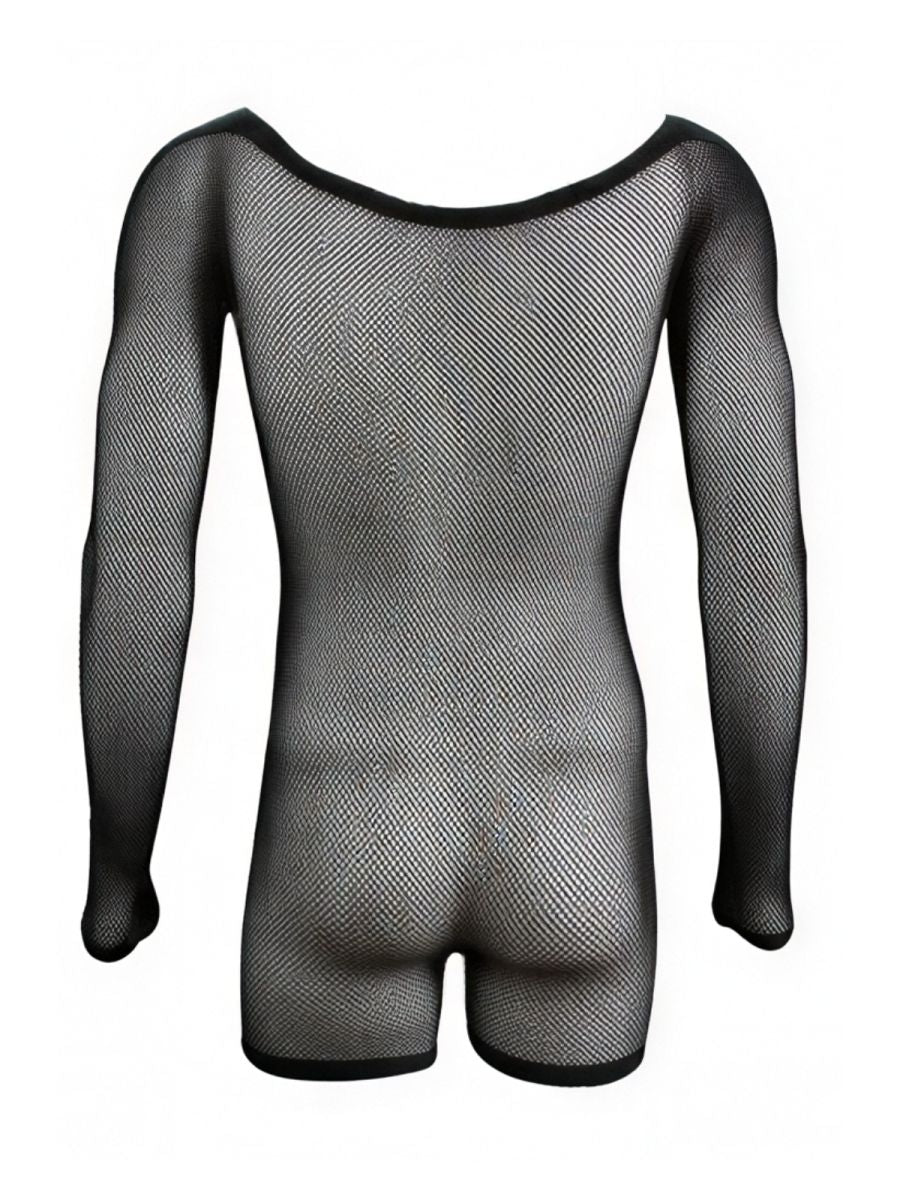 Back view of a black, long-sleeve fishnet bodysuit with a scoop neck on a mannequin.