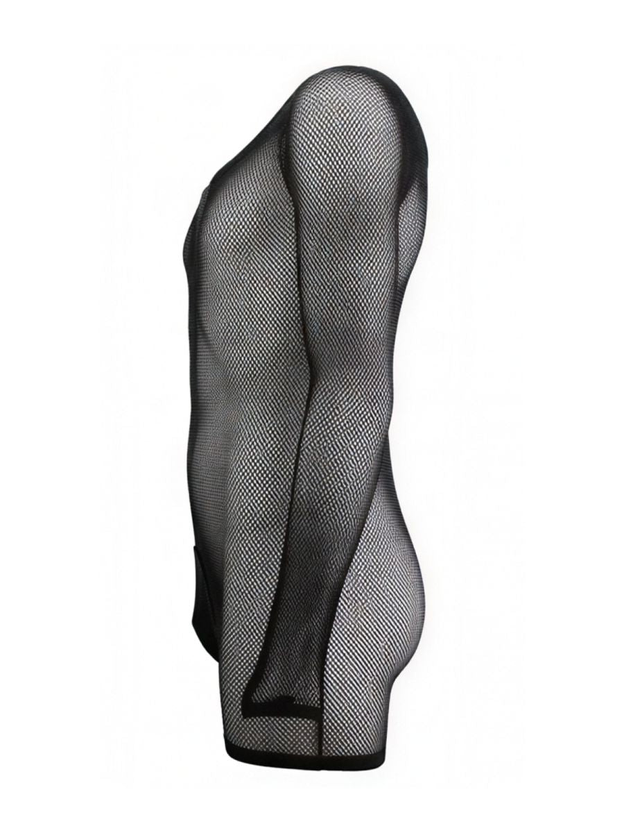 Side view of a CandyMan black fishnet bodysuit worn by a person, featuring long sleeves and a form-fitting cut.