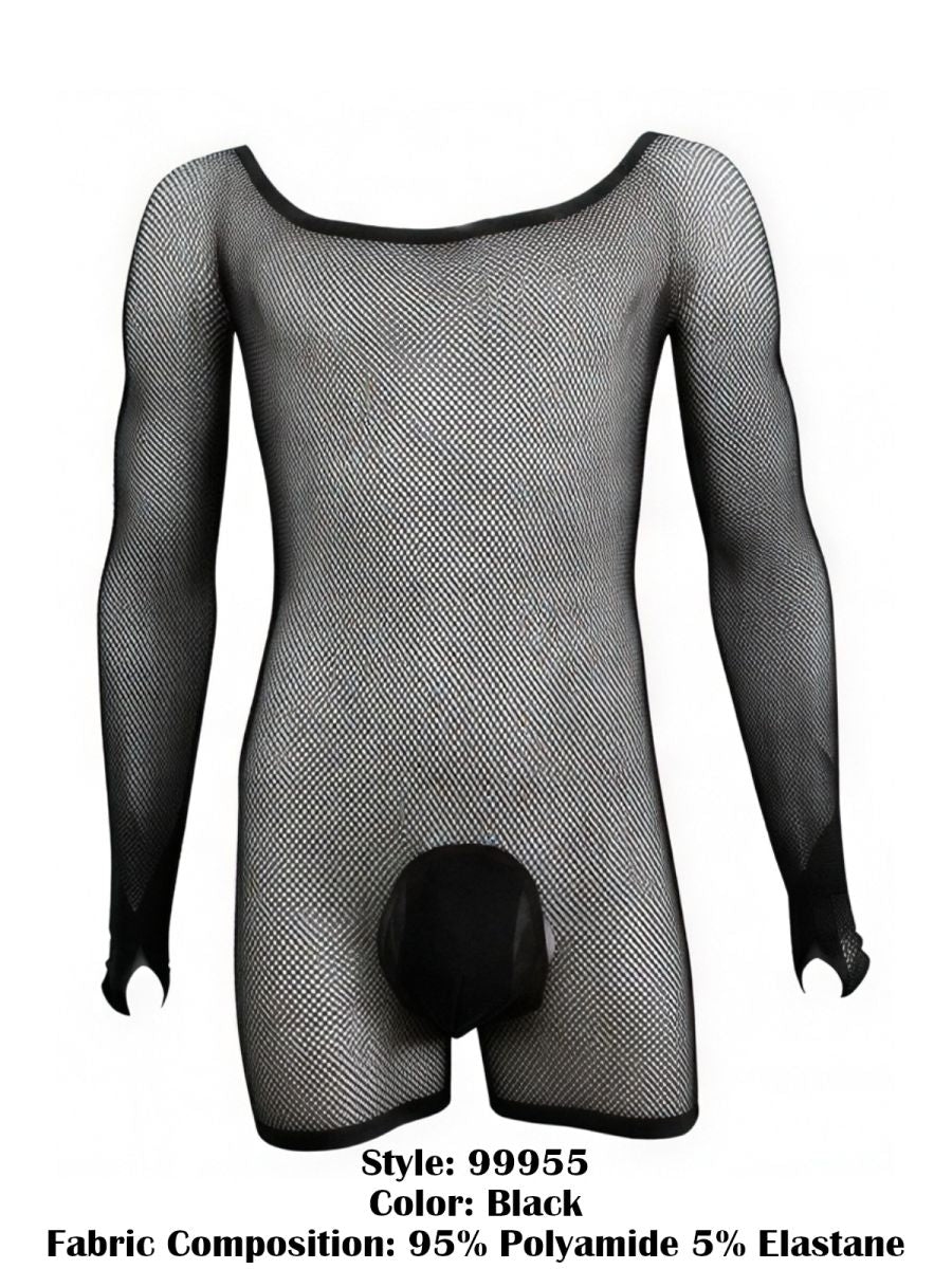 Black long-sleeve fishnet bodysuit with a solid pouch front on a headless mannequin.