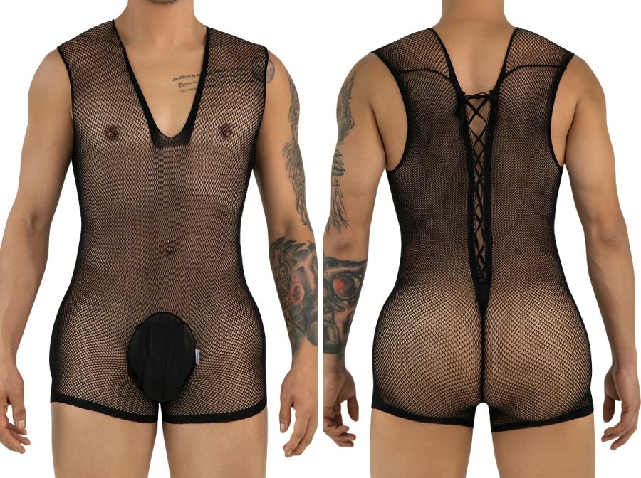 Black mesh bodysuit featuring a deep V-neck, front pouch, and lace-up back detail, shown from front and rear views.