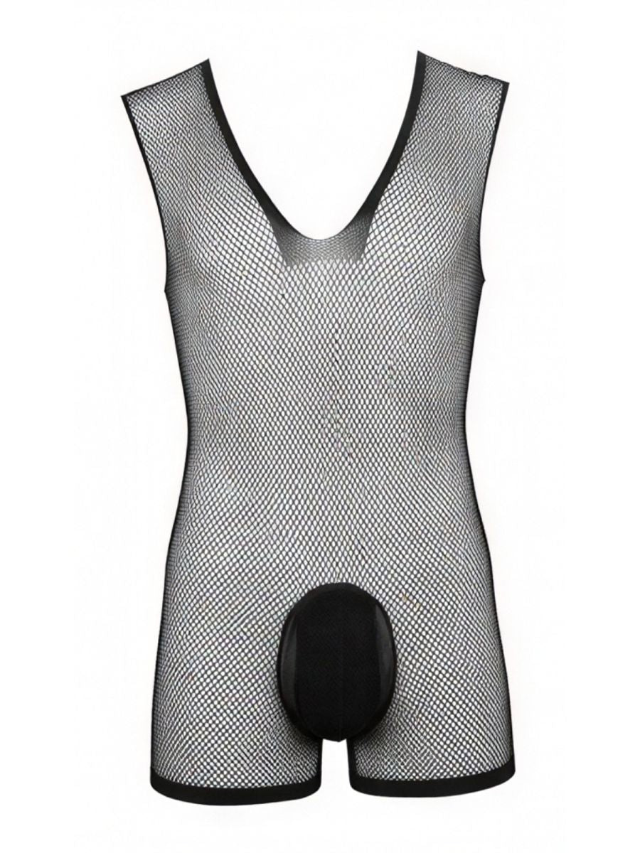 Black CandyMan mesh bodysuit with a deep V-neck and a solid opaque front pouch on a white background.