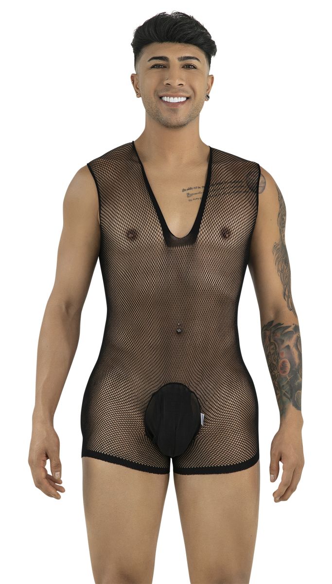 A model wearing a black mesh bodysuit with a deep V-neck and a solid black front pouch, standing against a white background.