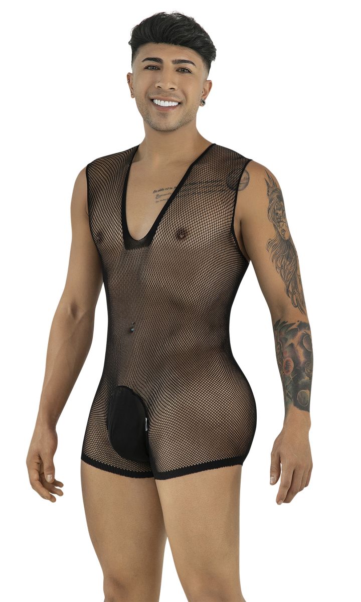 Model wearing a black fishnet bodysuit with a deep V-neck and solid pouch, standing against a white background.