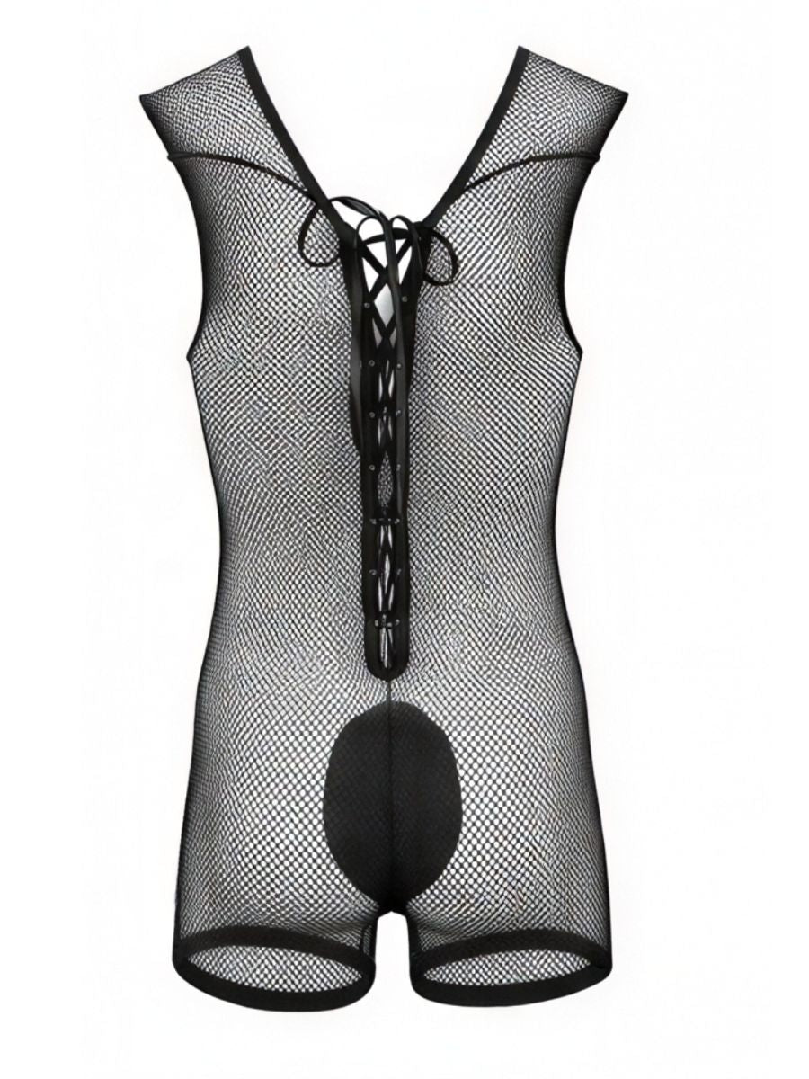 Black mesh sleeveless CandyMan bodysuit featuring a lace-up front closure and solid crotch panel.