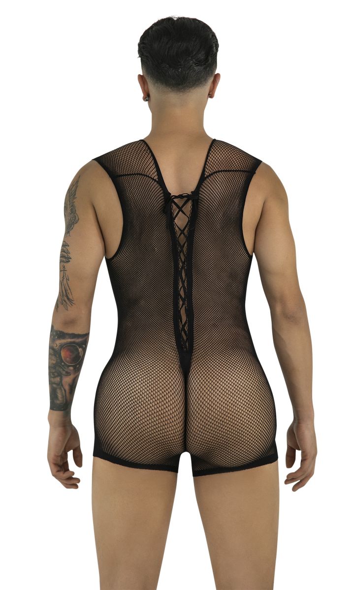 Back view of a man wearing a black fishnet bodysuit with a lace-up detail down the center back.