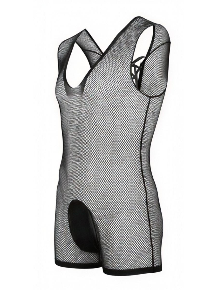 CandyMan black fishnet bodysuit with scoop neck, sleeveless cut, and solid pouch, displayed on a mannequin torso.