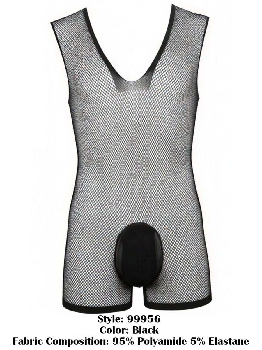 Black CandyMan 99956 sleeveless fishnet bodysuit with a V-neck and a solid opaque crotch pouch.