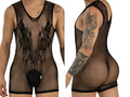 Black CandyMan mesh bodysuit shown from front and back views on a model with tattoos.