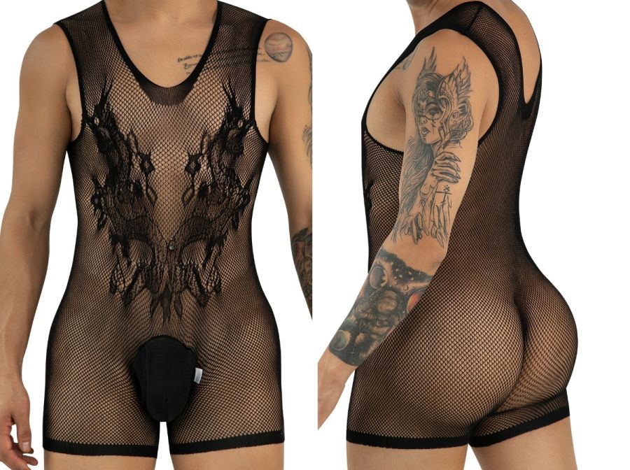 Black CandyMan mesh bodysuit shown from front and back views on a model with tattoos.