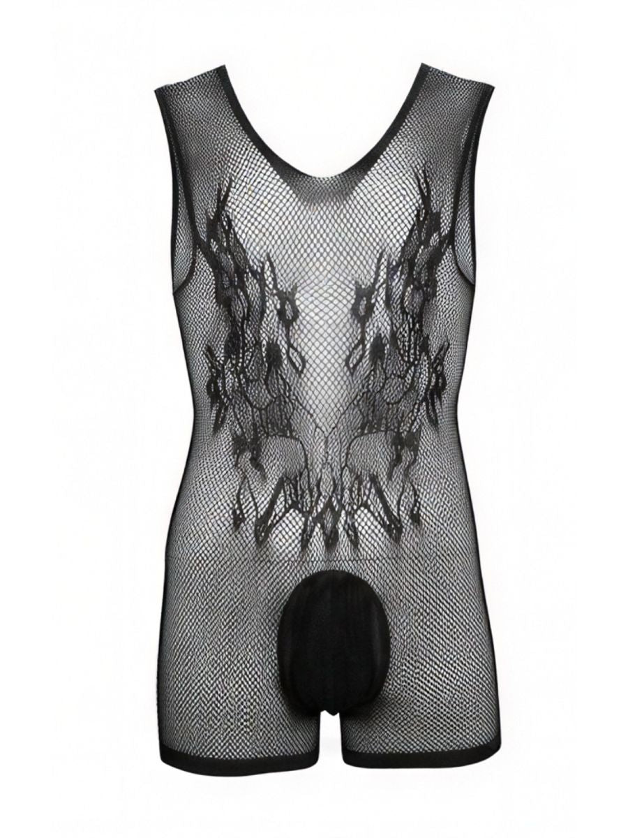 Black CandyMan sleeveless fishnet bodysuit with detailed lace-style chest embroidery and a solid black pouch.