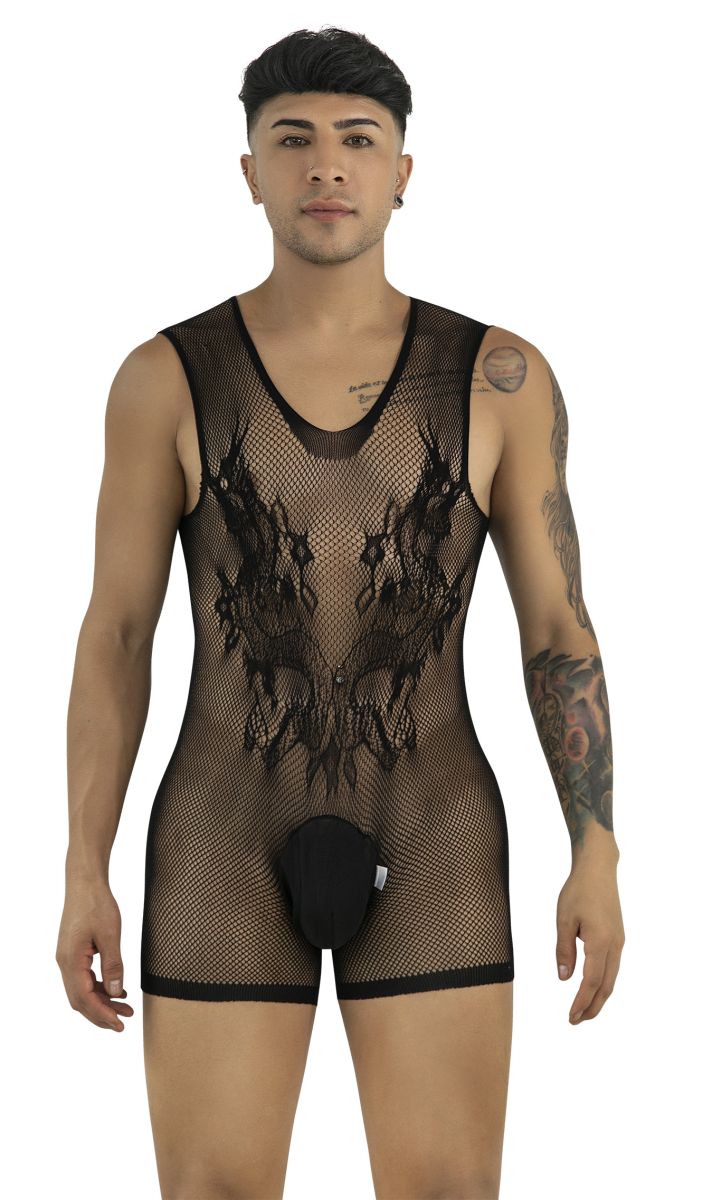 A model wears a black, sleeveless fishnet bodysuit with an intricate lace pattern on the chest and a solid pouch.
