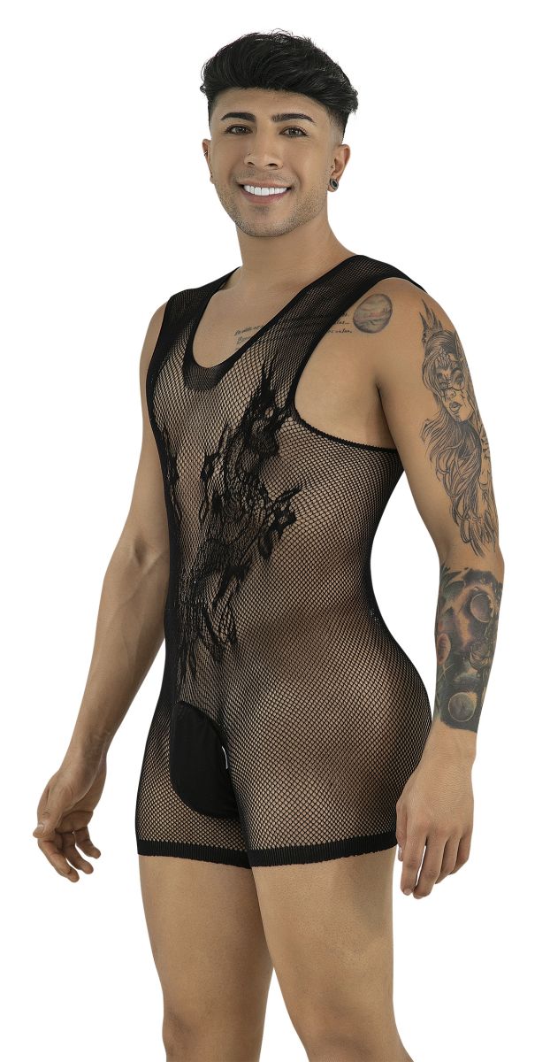 A smiling man wears a black, sleeveless mesh bodysuit with a solid pouch, standing against a white background.