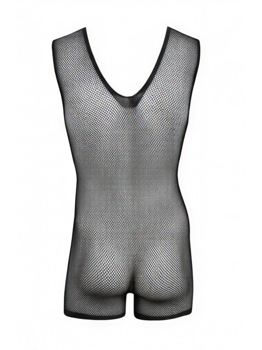 Black sleeveless fishnet bodysuit with a deep V-neckline, shown on a mannequin torso against a white background.