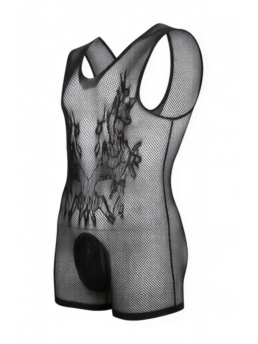 Black mesh bodysuit with skull graphic, racerback style, and opaque pouch, shown on a mannequin torso.