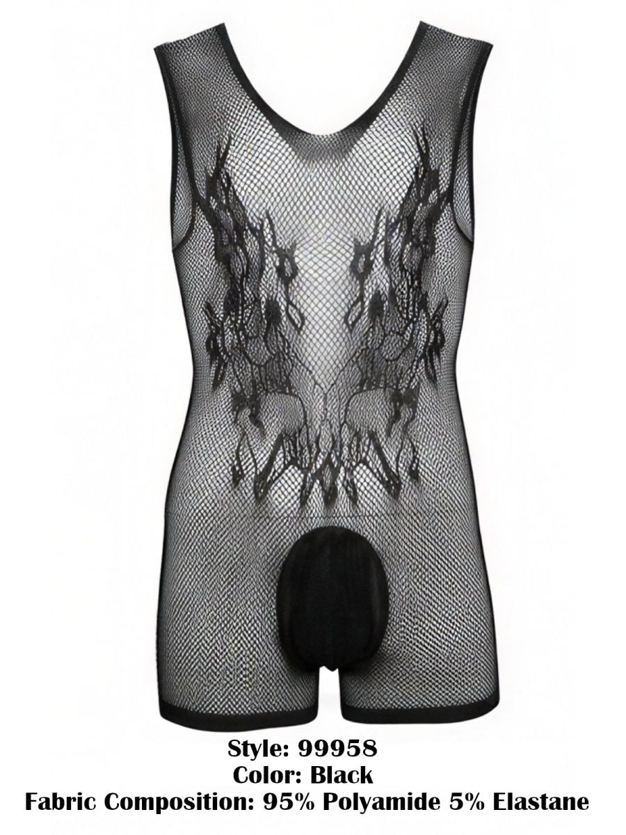 Black mesh bodysuit with V-neck, intricate chest detailing, and a solid opaque pouch.