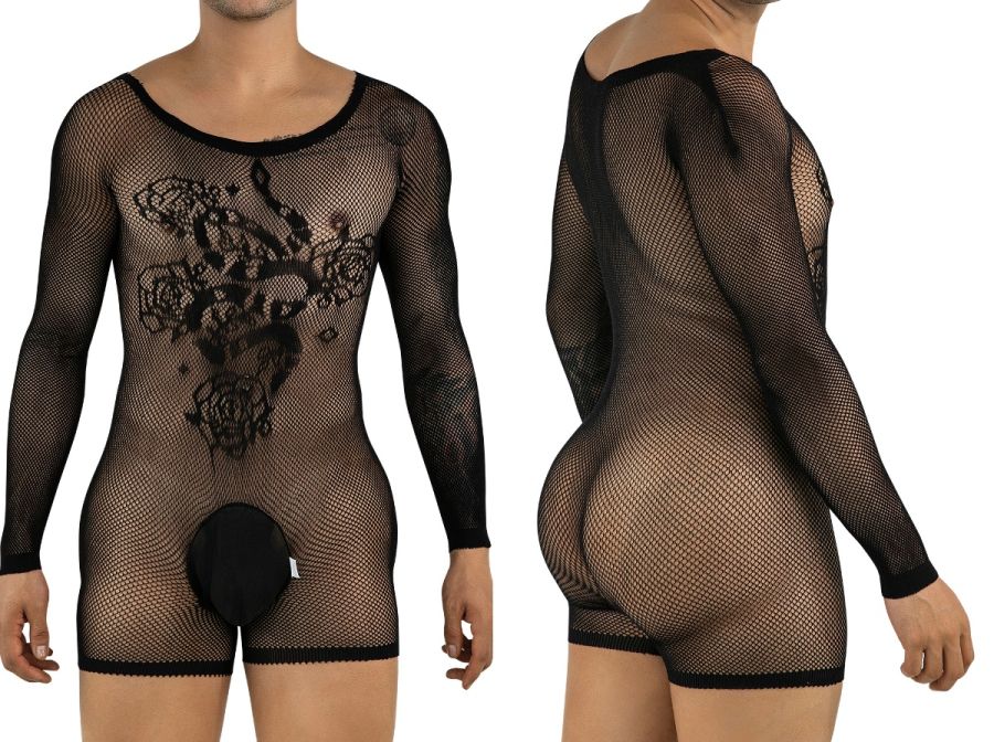 Front and back view of a black long-sleeve fishnet bodysuit with floral chest pattern and pouch detail.